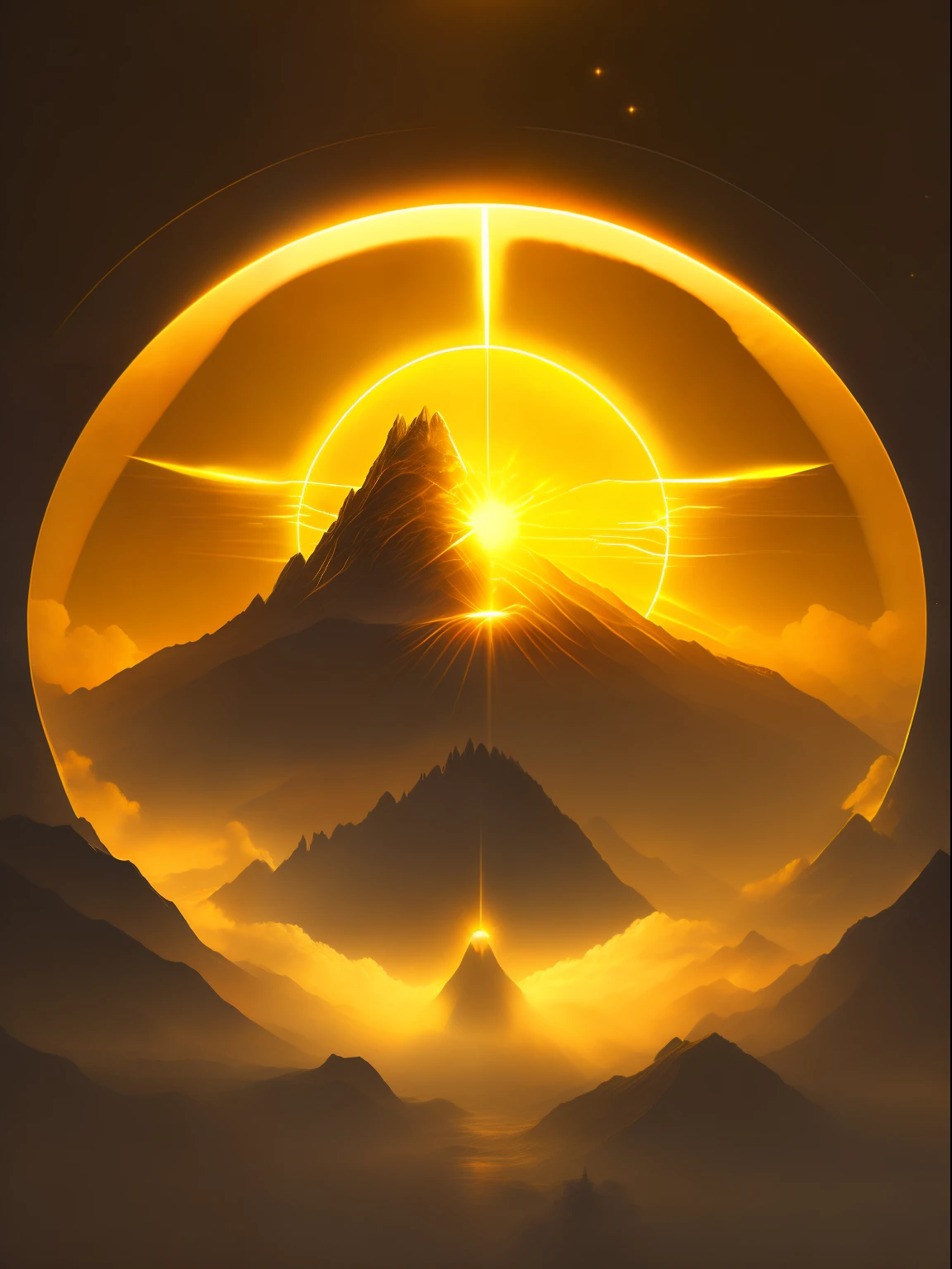 Best Quality, masutepiece, 超A high resolution, (Photorealistic:1.4), Raw photo,Heaven, Mt. Illuminated by Fog々, The fog is coming down、Head to The Lord of the Rings, Sauron, Fantasy, yellow, orange tone, T-shirt design, Midjourney, Vector art, Hydro74, Solar flares, Halo effects,   suite, Cinematic lighting, Calm bliss, diffuse glow, Daylight, god rays, Sun rays, chromatic abberation, Caustics、Sun God、female deity、Amaterasu、suns