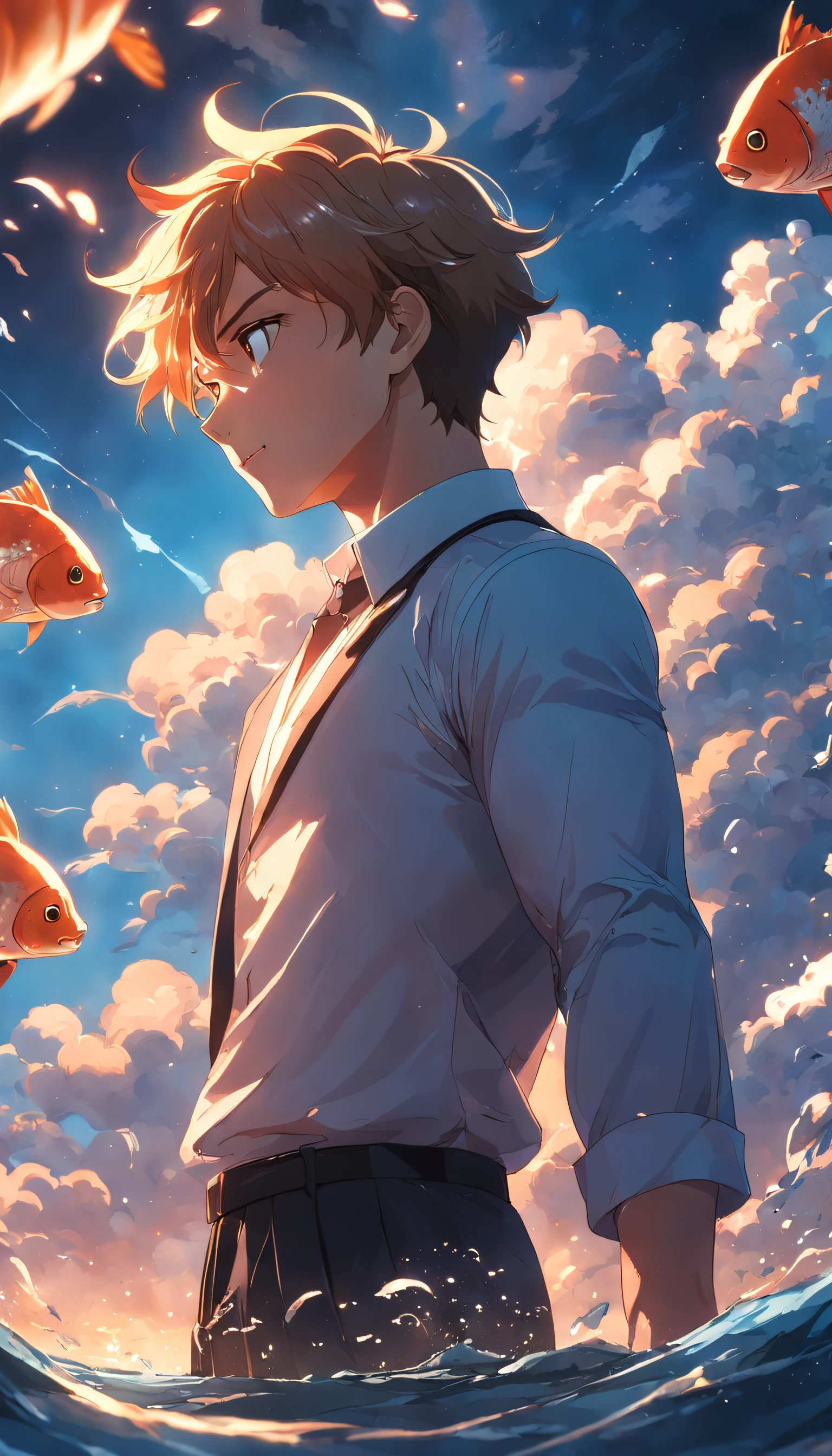 Anime boy standing in the water with goldfishs in the background - SeaArt AI