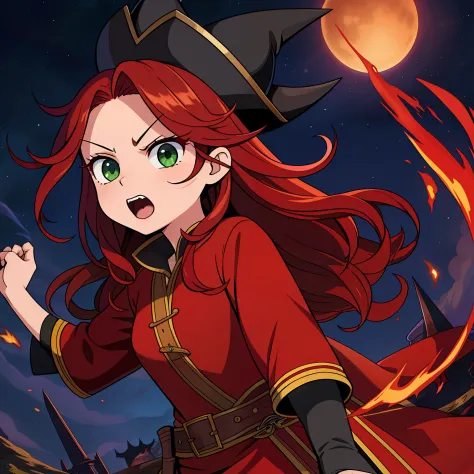 red hair、green eyes、de pele branca、wizard hat、holding knive、fantasia、forehead visible、center division、fantasia、angry look、red ch...