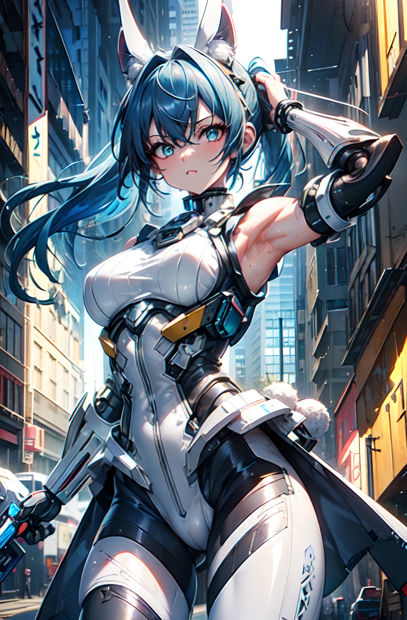 transcendent beautiful girl, (Masterpiece eyes:1.3), (Sleeveless exoskeleton leggings:1.3), Sweat skin, (Blue hair, pony tails), (Exposed lateral chest, Exposed armpits, Exposed groin), cowboy_Shot, Side focus, Shiny, Huge_Breasts, Wide_lower back, (arms behind  head, Armpits), open stance, (Cybertech punk mask:1.2), cyber punk city, (Rabbit ears, Rabbit tail), Masterpiece, Best quality, Capture super cute moments, Depth of field, Ultra detailed, 超高分辨率, C4D, octal, 3D modeling, 8K, 16k,