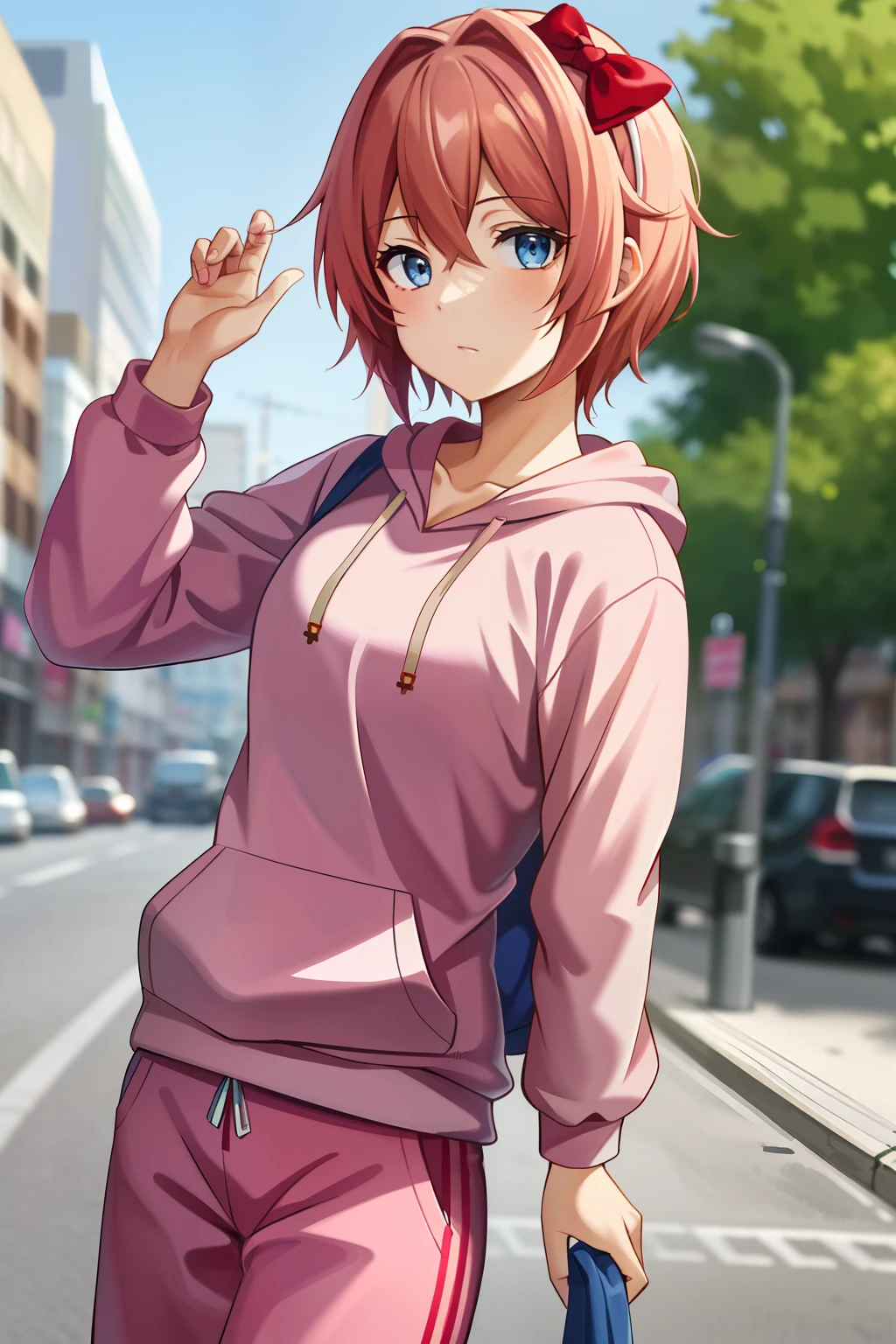 2d, masterpiece, best quality, anime, highly detailed, 1girl, solo, sayori, blue eyes, pink hair, short hair, hair bow, red bow, pink hoodie, red sweatpants, cowboy shot, looking at viewer, street city background