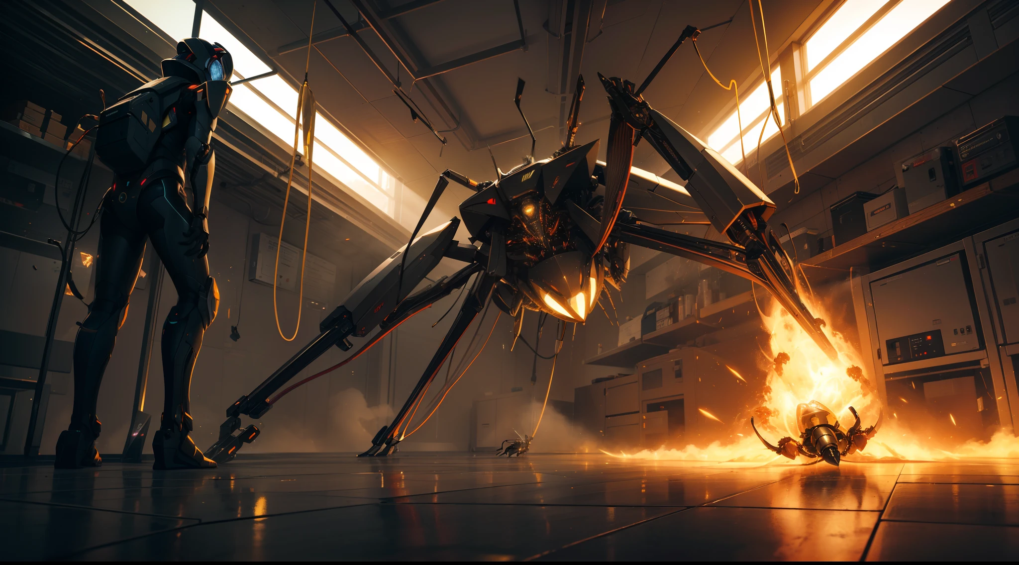 cybernetic insect. Six legs. breaks free from the laboratory. There are sparks, fire and smoke all around;. bright light. Clear details. sharp edges, sci-fi technology, Technological flair, 8k рендер, bright light, reflections on floor
