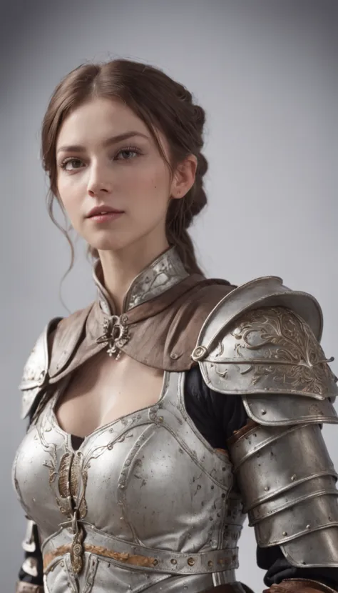 ((masterpiece)), (((best quality))), ((ultra-detailed)), ((illustration)),[realism light effect],shadow,A female knight，armour，giant sword，noble，Shine with light，(white backgrounid:1.5)