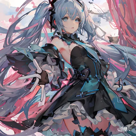 Anime girl with long hair and blue eyes with pink and black cat, Pixiv Contest Winner, pink twintail hair and cyan eyes, Digital art at Pixiv, Trending in ArtStation pixiv, zerochan art, Top Rated on pixiv, hatsune miku portrait, pixiv, Portrait of Hatsune...