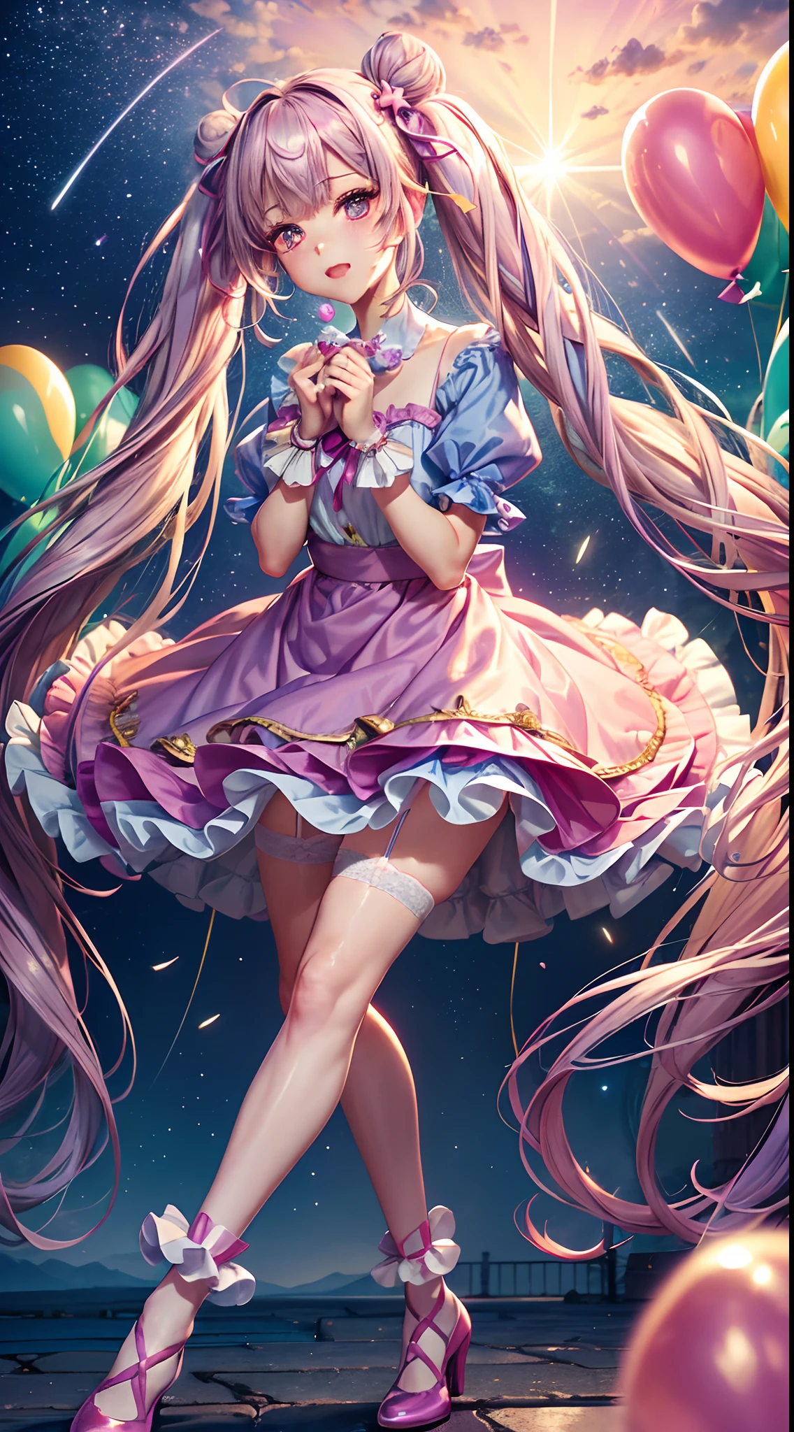 (fullbody, legs and shoes visible: 1.2)) expressive eyes, 1girl, pale skin, long hair, windblown hair, ((absurdly long hair)), long sidelocks, hime bangs, hair fringe, hair bun, ((very long twintails)), iridescent hair, light pink hair, blushing, full face blushing, big sparkling pastel purple eyes, (gradient eyes), open mouth smile, cute pose, ((holding balloons : 1.3)) 
((cute and pastel fashion)) ((🦄🎠🎈🎉 theme : 1.4)) flowy pastel dress, ((dreamy multicolored open dress)), (floating ribbons), lavender ruffles, pink frills, (light blue lace), detached short sleeves, puffy skirt, ((rainbows and stars print skirt : 1.3)), lolita skirt, purple bows, ((pompon ribbons hair ornament : 1.4)), multiple bows, striped lace stockings, (heart shaped leg garter), cute (pastel purple) shoes ((hyperdetailed clothing and fashion)) looking at you, vintage girl, blushing, (beautiful detailed eyes), (extremely detailed CG unity 8k wallpaper) (best shadow), ((an extremely delicate and beautiful)), (detailed light), ((depth of field)) big head, big sparkling eyes, moe, splash art, cinematic lighting, frontal view, volumetric lighting maximalist photo illustration 64k resolution high res intricately detailed complex key visual precise linear 
((in the dreamy pastel sky background, surrounded by sunset clouds, shooting stars, castles in the clouds)) ((hyperdetailed scenery, foggy clouds, suspended by balloons, hearts : 1.3))