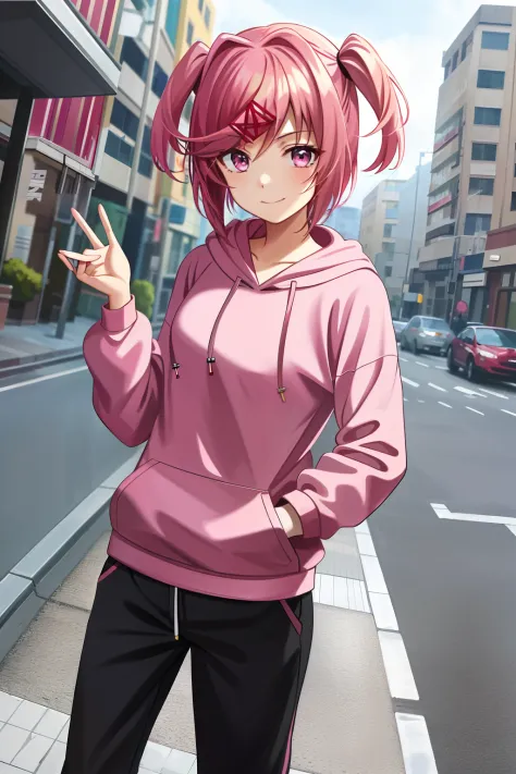 2d, masterpiece, best quality, anime, highly detailed, full body, 1girl, solo, natsuki, pink eyes, pink hair, two side up, hair ...