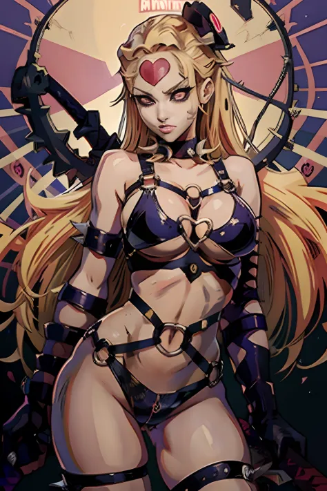 anime character with a heart on her chest and a sword, style of madhouse anime, junko enoshima, in jojo\'s bizarre adventure, pin on anime, inspired by Hiromu Arakawa, anime character; full body art, junko enoshima from danganronpa, katanas strapped to her...