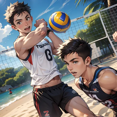 Two boys play volleyball，sandbeach