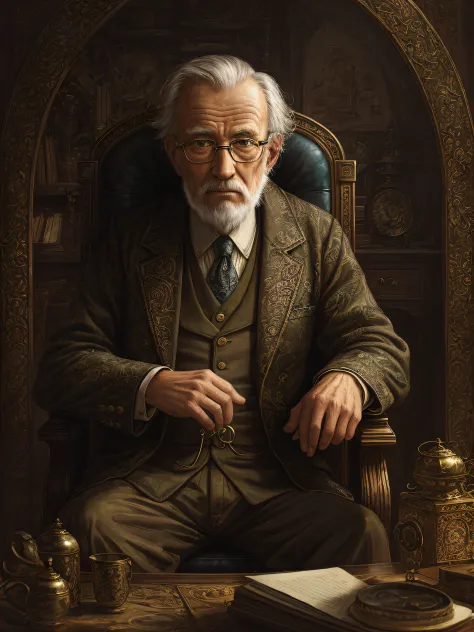"an incredibly detailed painting of an old man sitting in a chair surrounded by complex and intricate things in the background; ...