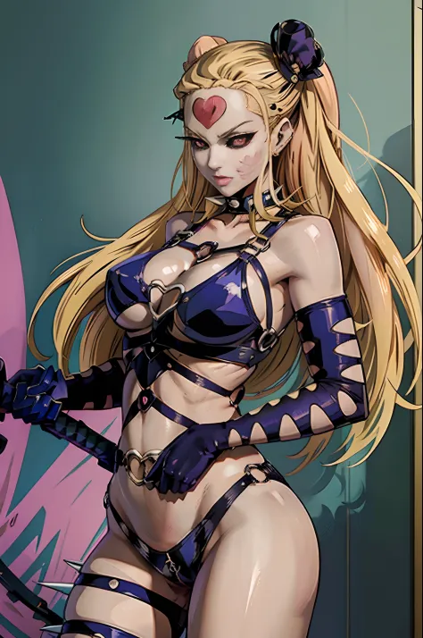 anime character with a heart on her chest and a sword, style of madhouse anime, junko enoshima, in jojo\'s bizarre adventure, pin on anime, inspired by Hiromu Arakawa, anime character; full body art, junko enoshima from danganronpa, katanas strapped to her...