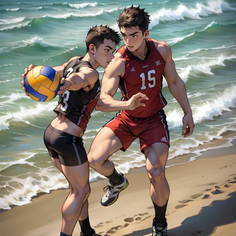 Two boys play volleyball，sandbeach