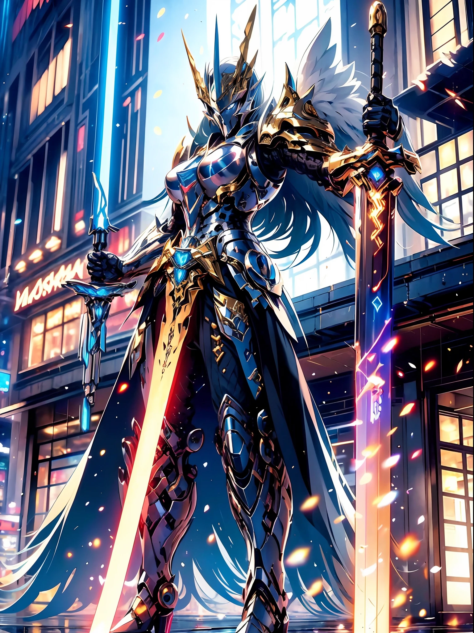 (Masterpiece, Best quality), Asgard，Valhalla Valkyrie armed with a lightsaber，Lady Knight, Light magic, Divine, magewave, Silver and gold, 4K, dark cityscape, Fuji Film