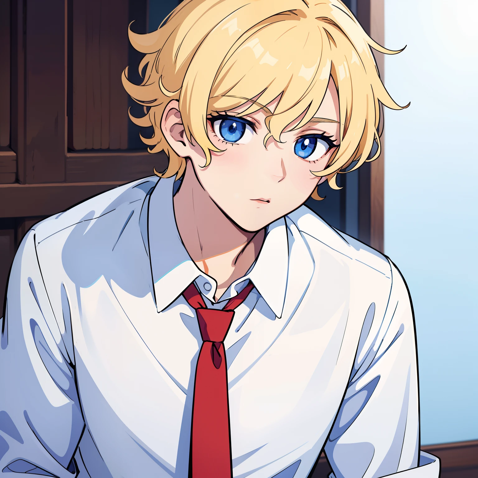 superfine illustration,Animated,1boy,man,Man's,Yaoi,Guy,man,Man's,Short hair,Curly hair,Parted bangs,Blonde hair,Blue eyes,White skin,white  shirt,red necktie