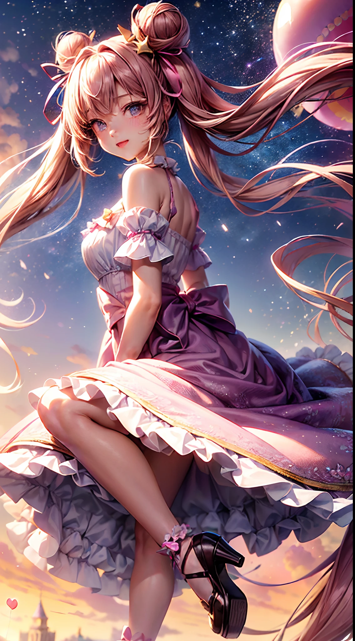 (fullbody, legs and shoes visible: 1.2)) expressive eyes, 1girl, pale skin, long hair, windblown hair, ((absurdly long hair)), long sidelocks, hime bangs, hair fringe, hair bun, ((very long twintails)), iridescent hair, light pink hair, blushing, full face blushing, big sparkling pastel purple eyes, (gradient eyes), open mouth smile, cute pose, ((holding balloons : 1.3)) 
((cute and pastel fashion)) ((🦄🎠🎈🎉 theme : 1.4)) flowy pastel dress, ((dreamy multicolored open dress)), (floating ribbons), lavender ruffles, pink frills, (light blue lace), detached short sleeves, puffy skirt, ((rainbows and stars print skirt : 1.3)), lolita skirt, purple bows, ((pompon ribbons hair ornament : 1.4)), multiple bows, striped lace stockings, (heart shaped leg garter), cute (pastel purple) shoes ((hyperdetailed clothing and fashion)) looking at you, vintage girl, blushing, (beautiful detailed eyes), (extremely detailed CG unity 8k wallpaper) (best shadow), ((an extremely delicate and beautiful)), (detailed light), ((depth of field)) big head, big sparkling eyes, moe, splash art, cinematic lighting, frontal view, volumetric lighting maximalist photo illustration 64k resolution high res intricately detailed complex key visual precise linear 
((in the dreamy pastel sky background, surrounded by sunset clouds, shooting stars, castles in the clouds)) ((hyperdetailed scenery, foggy clouds, suspended by balloons, hearts : 1.3))