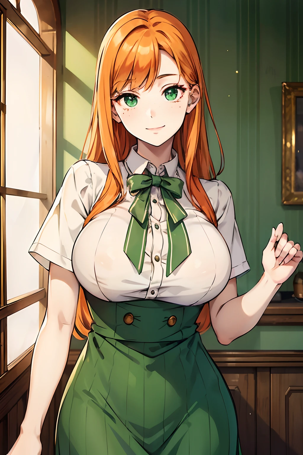 antique waitress uniform, green white uniform, striped clothes, long dress, young adult, 20 years, orange hair, beautiful hair, full long hair, green eyes, beautiful eyes, big breast, smile, freckles, less skin, masterpiece, tavern background