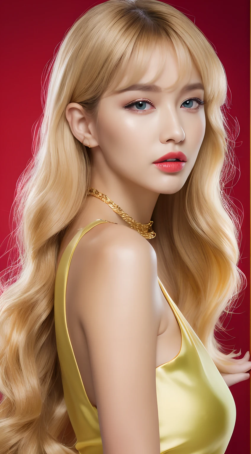 Portrait in spring-summer glamorous business style. Model has horizontal bangs and golden blonde wavy hair. She wears a white silk blouse, Teal Pencil Skirt, and red stiletto heels. Accessories include、Includes gold chain necklace and diamond-studded bracelet.