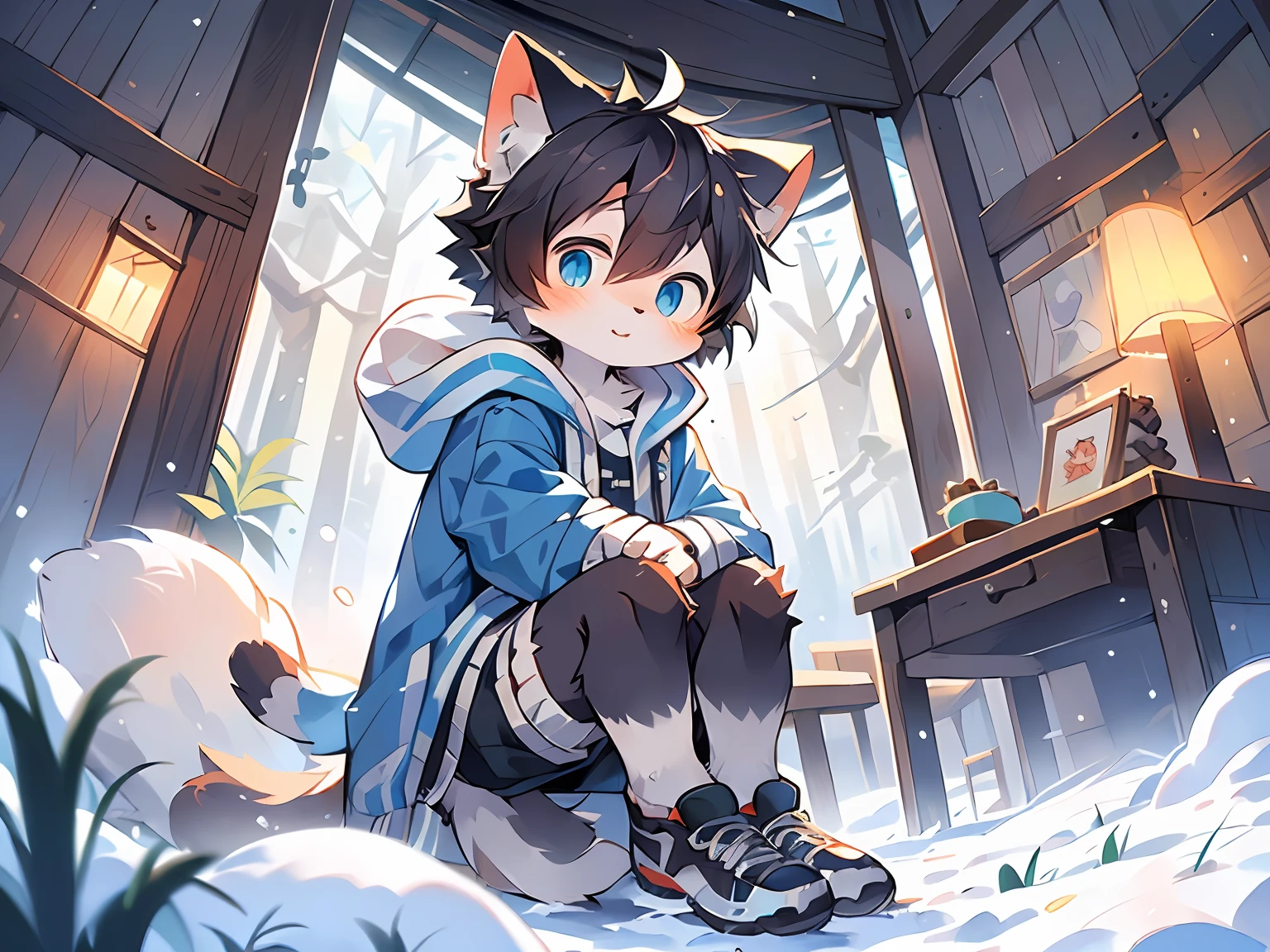 (Snow Environment: 0.8), Masterpiece, High Quality, Abstract Res, Digital Painting\(Artwork\), by Dagasi, Yupa, Kiyosan, (Anthro, Fluffy Fur, Character Focus: 1.1), Anthro Male Cat, Short Hair, Portrait , bright eyes, panorama, character focus. ( Solo, Furry, Furry Male, Cat, Black Fur, Gray Pattern, Blue Coat, Fluffy Shorts, Blue Eyes, Black Hair, Shoes, Wide Coat, White Shirt, Introvert, Silence,