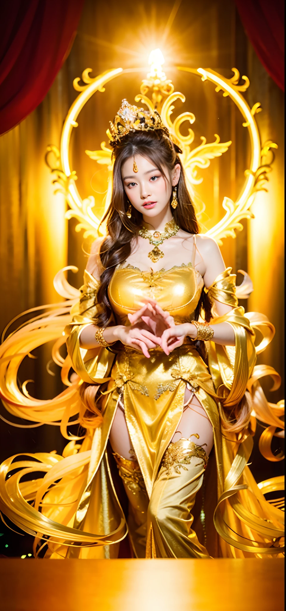 1girl in、top-quality、​masterpiece、超A high resolution、(Photorealsitic:1.4)、Raw photo、Deities々Goddess Sibit、（Face of  beautiful girl）、Straight long hair、glowy skin、Dramatic、（Golden See-Through Competition Swimwear）、（Golden transparent fluttering robe）、（Golden Buddha Statue）、（Golden Guanyin Bodhisattva Statue）、（（Golden Very Small Tiara））、（Pray）（Standing whole body）、（（delicate finger、Delicate hand））、（delicate paws）、（large full breasts、Clean raised bust）、（Rocket Tits）、（（Golden garter stockings））、（（Golden Ancient Greek Temple））（Golden wall decorated with gold）、（Blur the background）、（One boob is visible、large areola is visible、 to stand）、（Woman Praying）、（Pray with Your Hands Together）、Full body、standingn、Pray with Your Hands Together、goddes、