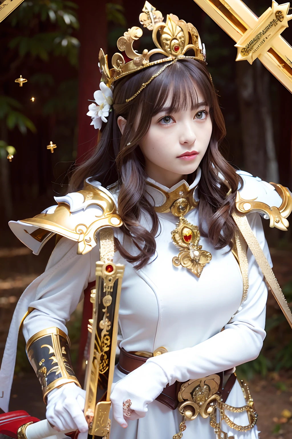 (masutepiece), Professional , ​masterpiece、top-quality、photos realistic , depth of fields （Gemstone Silver Metal Body:1.９),(Matte White、 Gold Weapon_（Metal:1.４),Gorgeous metal weapons , Detailed Sword of the Brave , Beautiful knife   ,warhammer 40k , adepta sororitas,Detail and ornate jewel crown、Brown hair、Gangle's forest background、Beautiful Caucasian beauty、１a person、dynamic ungle,(((Detailed and ornate diamond crown)))、Particles of light、