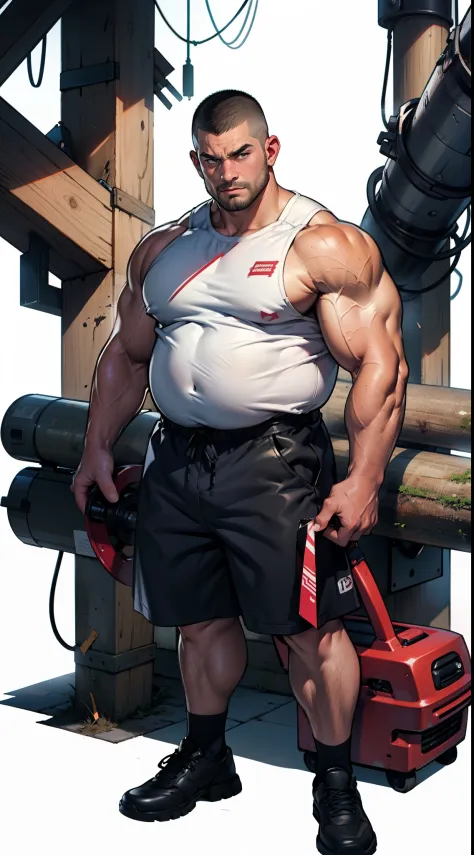 Anime style 4K，Anime rendering，style of anime，China Campus，Lumberjack，ember，16 yaers old，adolable，petty eyes，thick eyebrow，Black buzz cut，Fat body，Bare topless，Pink milk clusters，Wearing dark blue leather shorts，With a chainsaw，In the lumberyard，is shy，Be ...