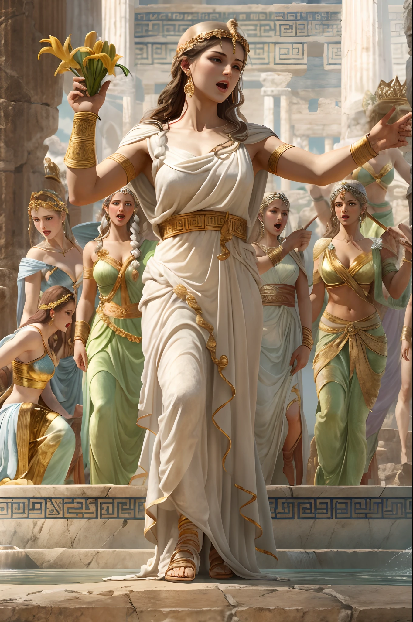 9 greek goddesses of arts, fair skinned, in greek toga, singing and dancing happlily, ancient Parnassus, ancient Helikon, fountain of Kastalia, Greek Mythology, poetic and idyllic atmosphere, photorealistic, super detail, description of ultrra-accurate hands, masterpiece, best quality, highres, 8k