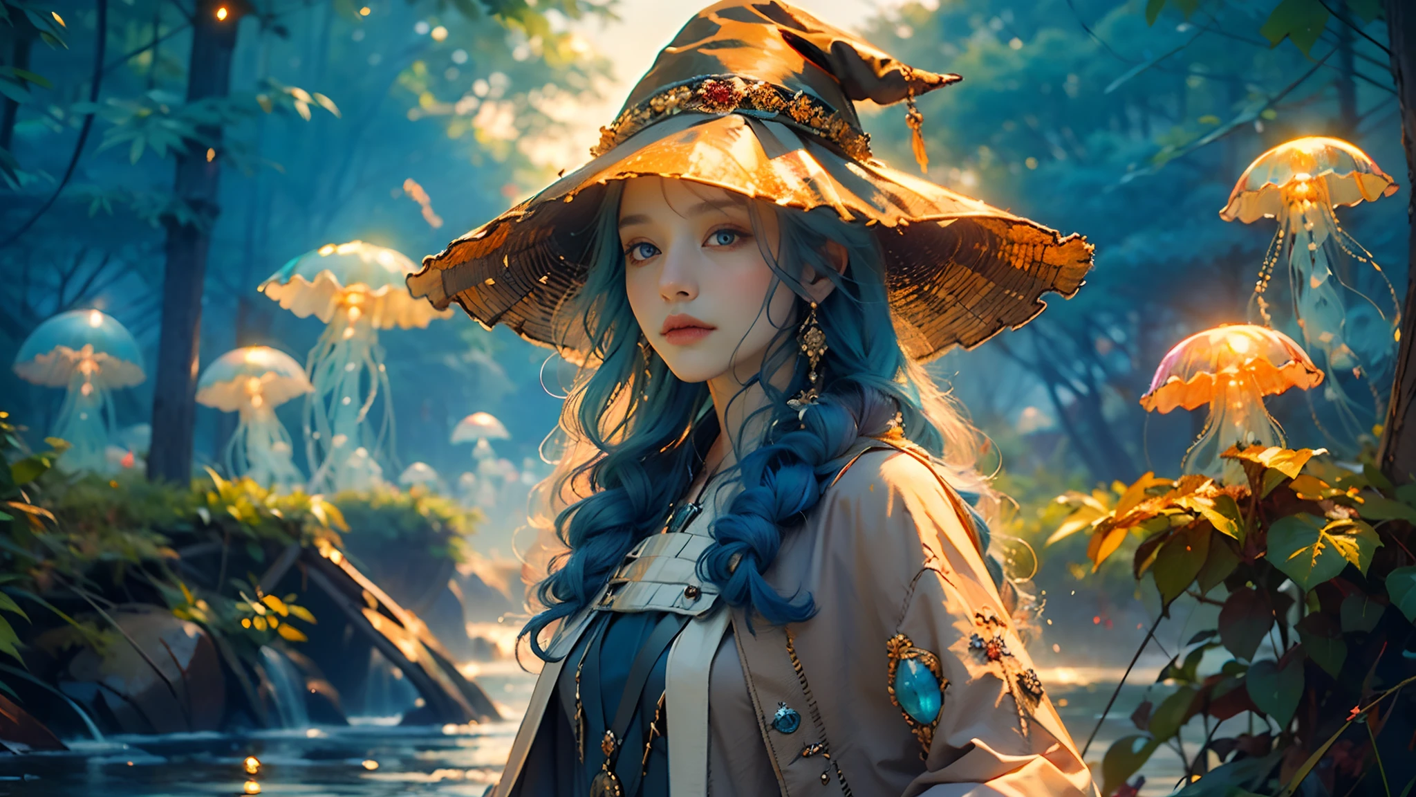 masterpiece, (photorealistic:1.4), green jellyfish,(jellyfishforest:1.4), 1girl, mushroom, scenery, roxy migurdia, detailed face, bangs, black headwear, witch hat, blue eyes, blue hair, braid, brown cape, floating hair, portrait, solo, nature, water, wading, outdoors, tree, standing, fantasy, forest