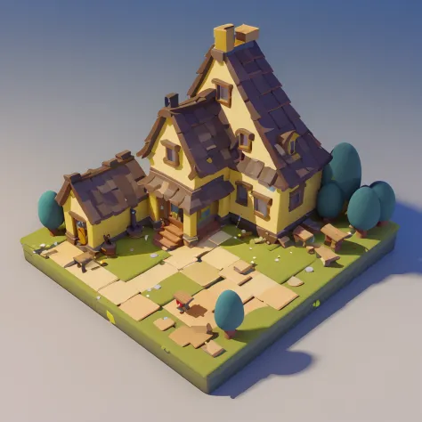 Game architectural design, cartoon, house, trees, casual game style, 3d, blender, closeup, masterpiece, super detail, best quality