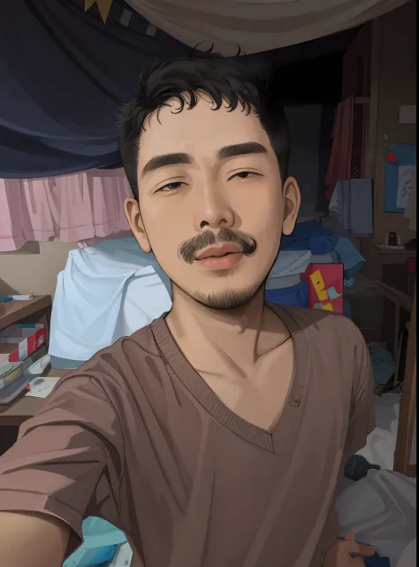 there is a boy taking a selfie in a messy room, south east asian with round face, 2 7 years old, without mustache, thawan duchan...