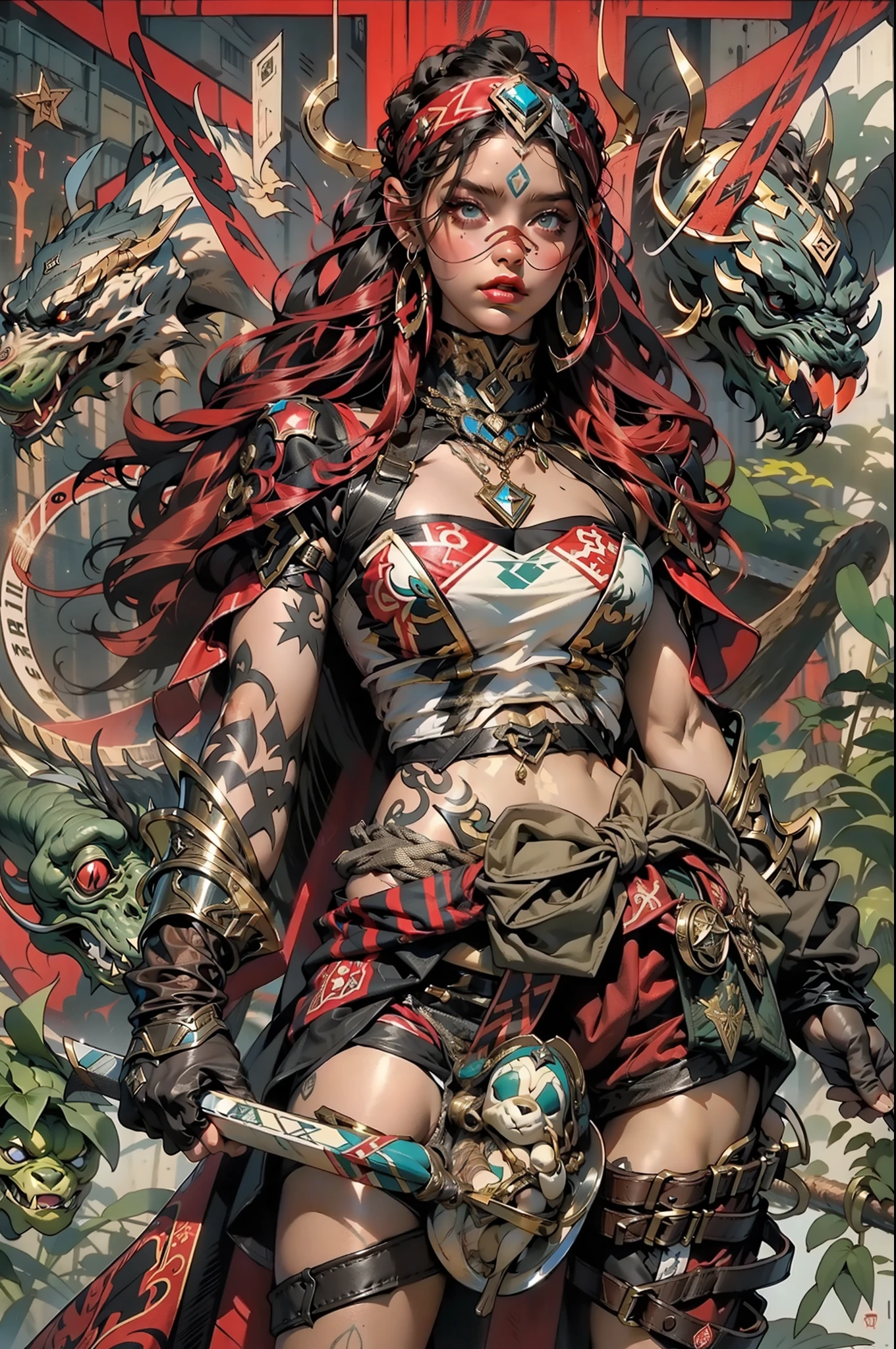 (((Woman))), (((best qualityer))), (((​masterpiece))), (((grown-up))), Uma guerreira steampunk Woman de 35 anos com corpo perfeito, Brooklyn Gladiators, (( under boobs )), (((red hood))), Holding a macabre teddy bear, almost naked in Simon Bisley&#39;s wild urban style for the cover of Heavy Metal magazine, hair green, Minimum clothing, red and white checkerboard pattern, armour, full of spikes and rivets, tribal tattoo, (((from the knee up))), hair green desalinhado