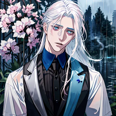 masterpiece, portrait, smoke, water, rain, blue and black butterfly, raining, watercolor, (((man))), vest, blue eyes, detaled eyes, white hair, long hair, perfect detailed face, day, attractive man, vampire, yoshiwara style, pink skin, masculine, hair acce...