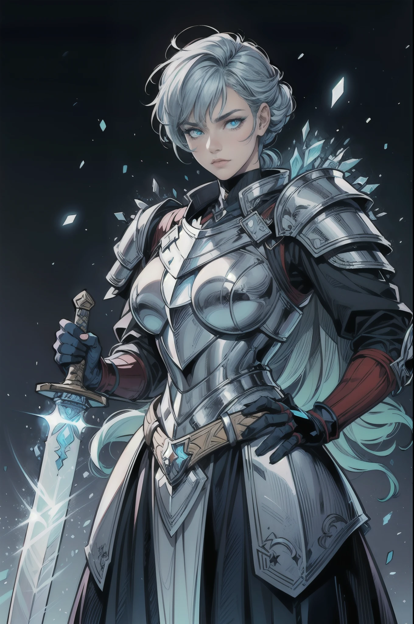 (retrato de logotipo de arte de linha colorida) do cavaleiro real, armadura de placas, (segurando espada lendária azul brilhante com as duas mãos:1.3), fragmentos de gelo estão espalhados