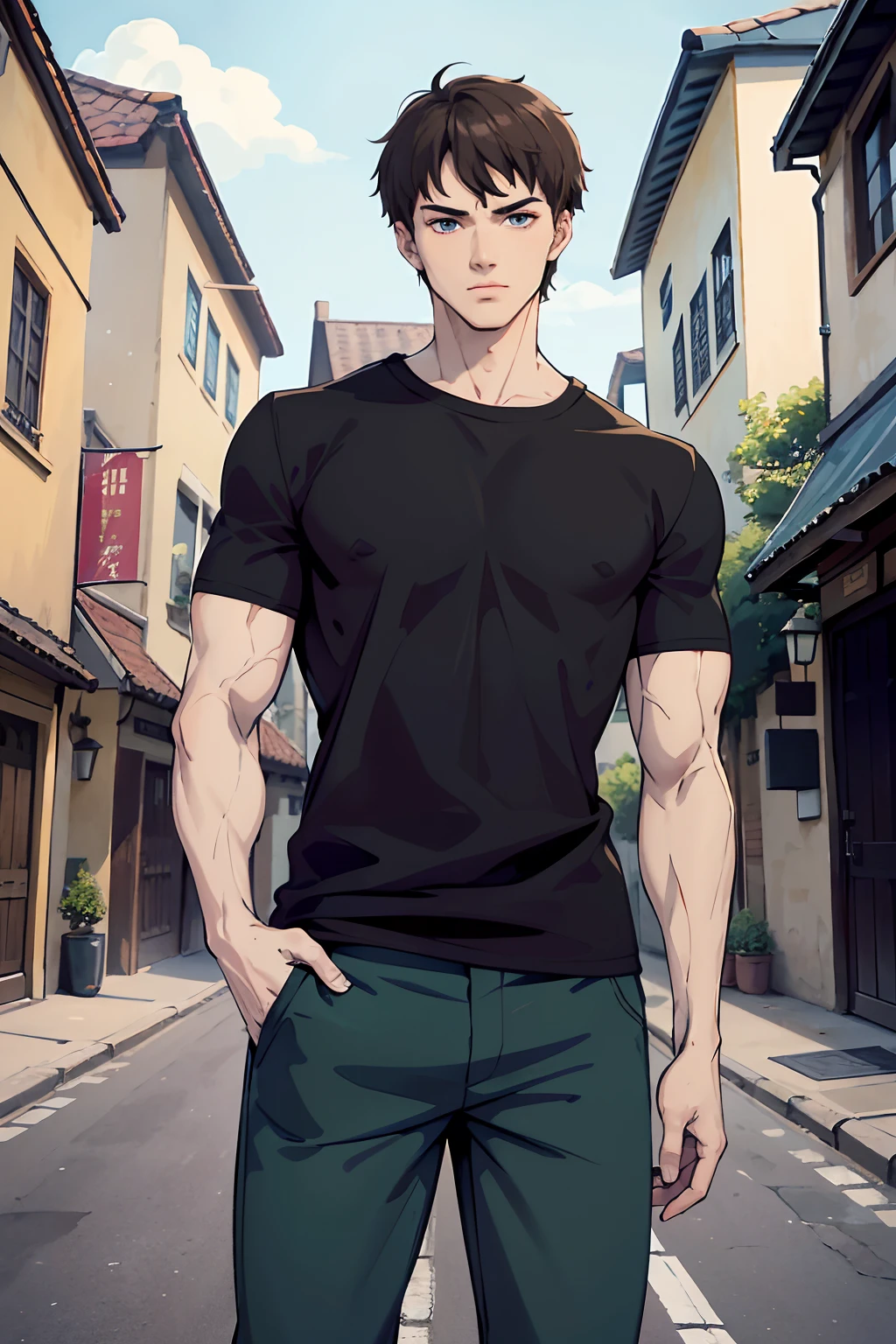 normal clothes, T-shirt, black clothing color, young man, 20 years, light brown hair, short hair, blue eyes, muscular, strong, tall, 6.3 foot tall, confident pose, masterpiece, European village background, street background