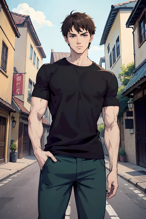 normal clothes, T-shirt, black clothing color, young man, 20 years, light brown hair, short hair, blue eyes, muscular, strong, t...