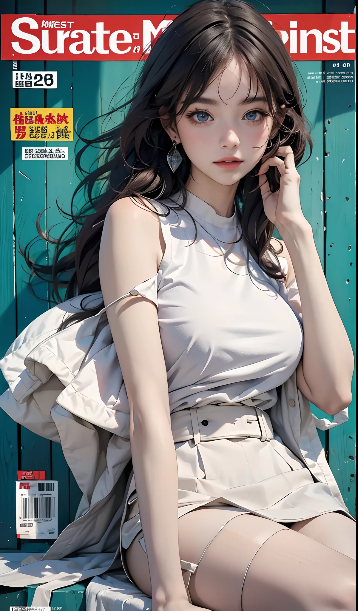 Best quality, Works of masters, A high resolution, 1girll, Super beautiful face, super beautiful eye, Super beautiful hair，(MagazineCover:1.2)，Trendy outfits，Expose shoulders