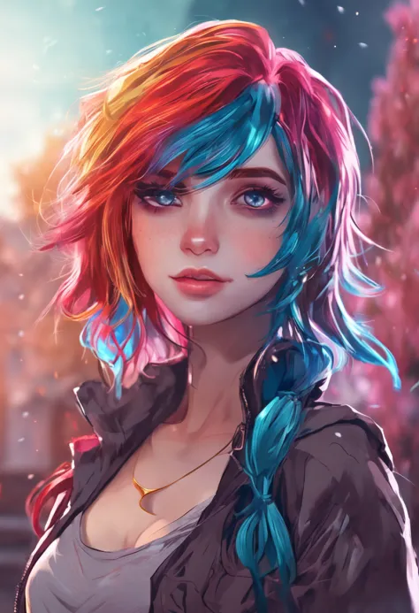 "Create a stunning anime character inspired by this photo, with vibrant hair colors and unique facial features."
