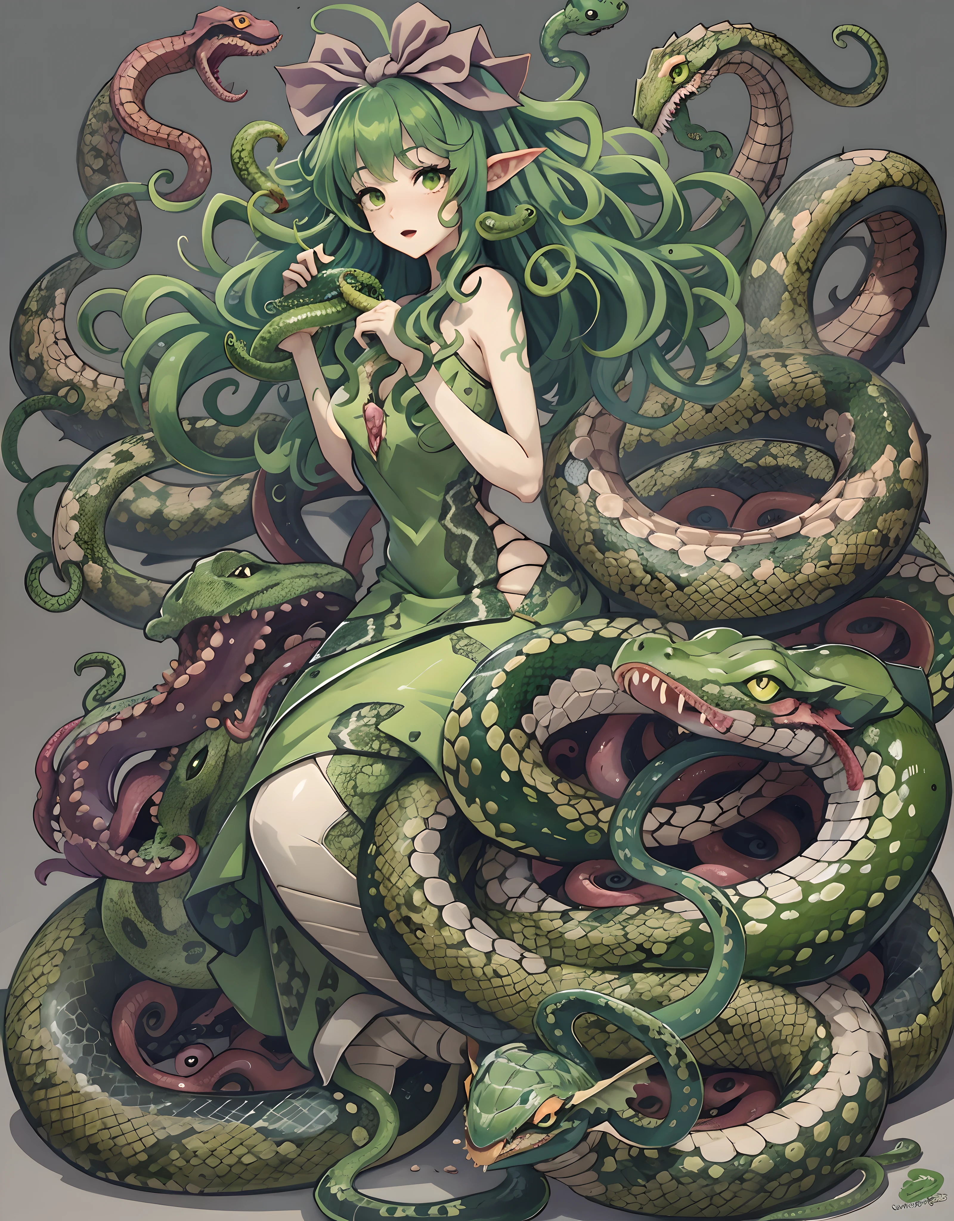 A close up of a woman sitting on a snake with a snake around her - SeaArt AI