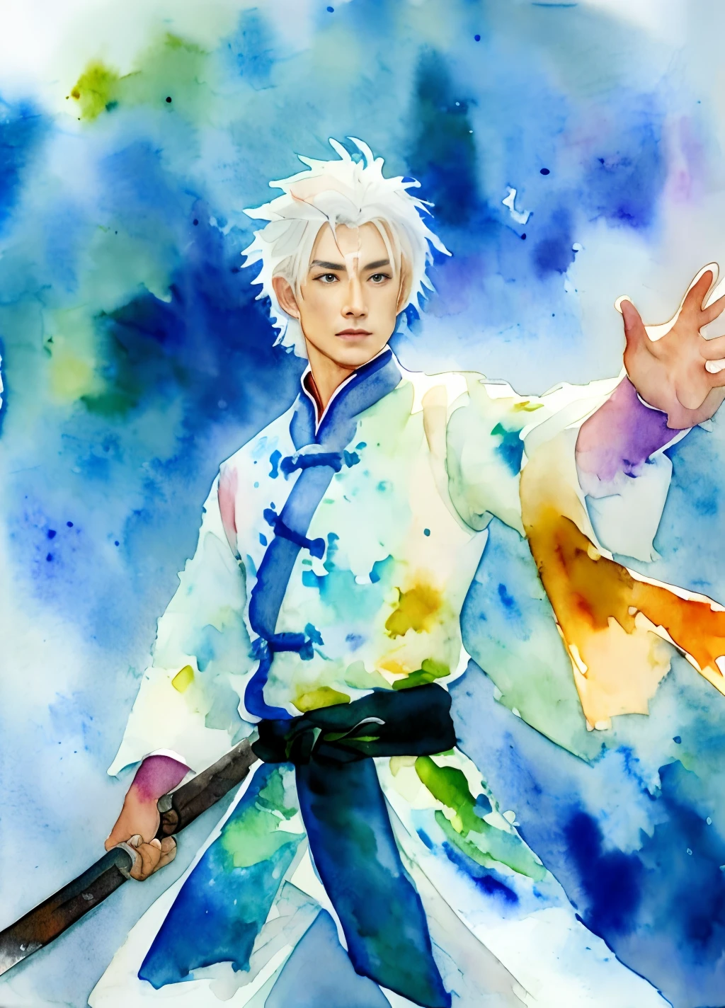 tmasterpiece, top-quality, (WaterColor style:1.4), 电影灯光, Chinese white-haired kung fu master，Black tunic，Sword dance，Light rain，full bodyesbian，water stain，Color melting，Oh yes