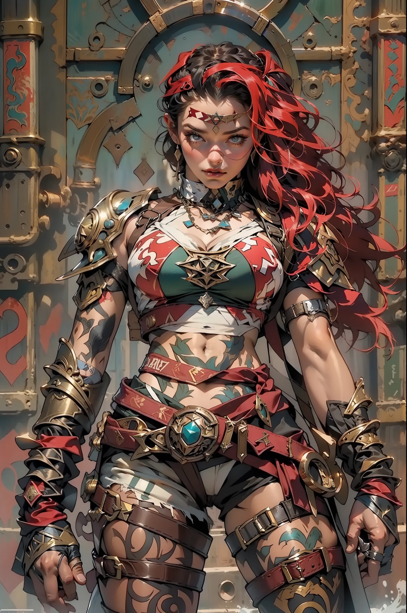 (((mulher))), (((melhor qualidade))), (((obra prima))), (((adulta))), Uma guerreira steampunk mulher de 35 anos com corpo perfeito, Brooklyn Gladiators, (( under boobs )), (((capuz vermelho))), quase nua no estilo selvagem urbano de Simon Bisley para a capa da revista Heavy Metal, cabelo verde, Minimum clothing, red and white checkered pattern, armadura, cheio de pontas e rebites, tatuagem tribal, (((do joelho pra cima))), cabelo verde desalinhado