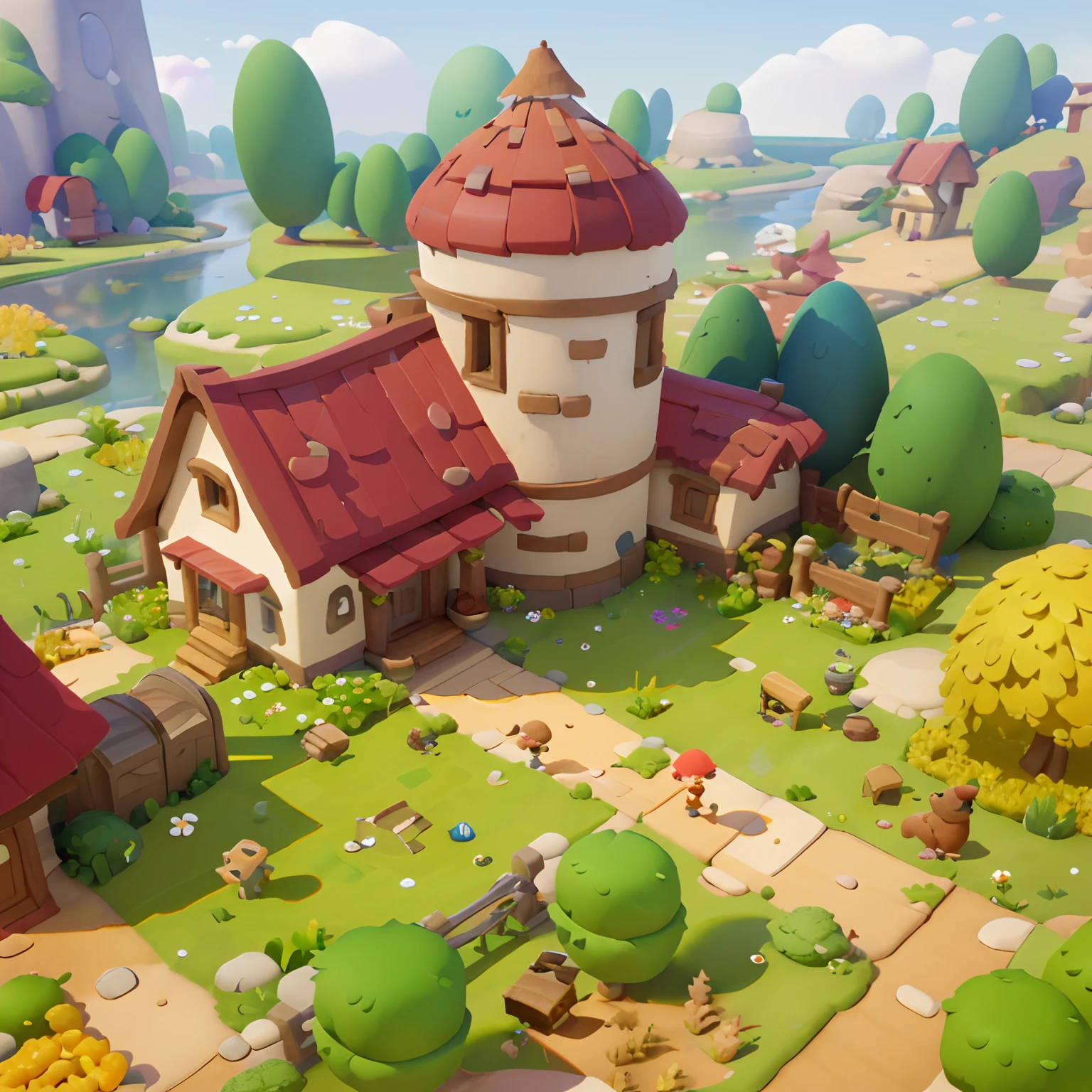 Game architecture design, cartoon, farm, stone, brick, grass, river, flowers, vegetables, wheat, trees, animals, casual play style, 3d, blender, masterpiece, super detail, best quality