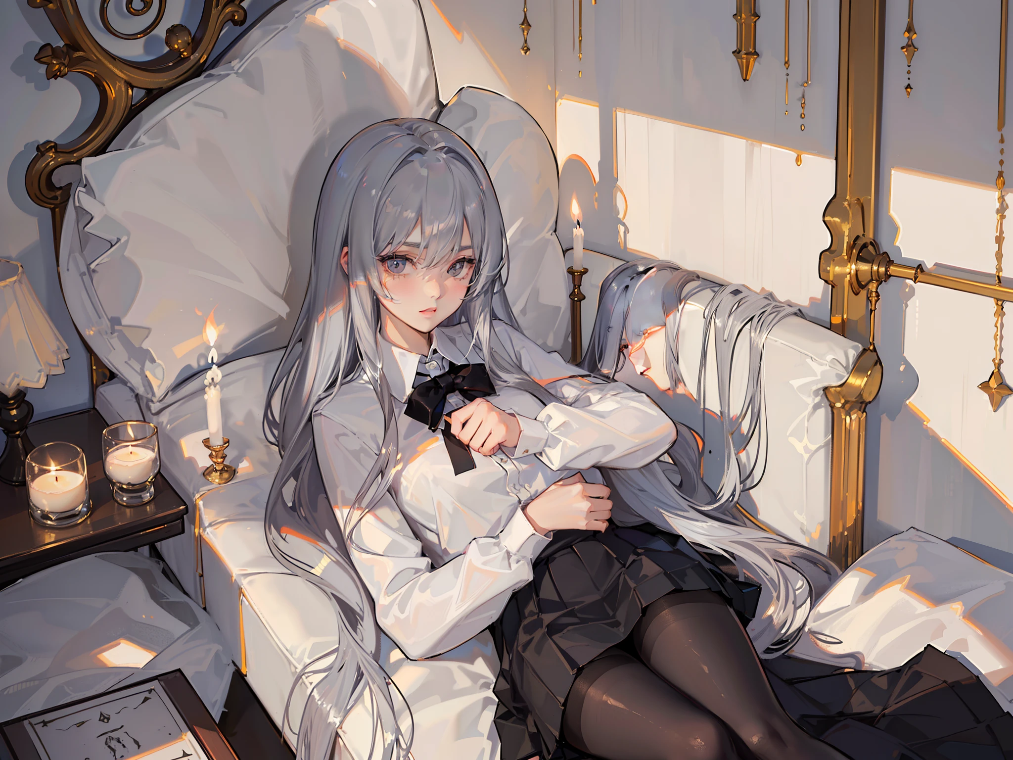 Anime girl in a white dress sitting on a bed with a cat - SeaArt AI