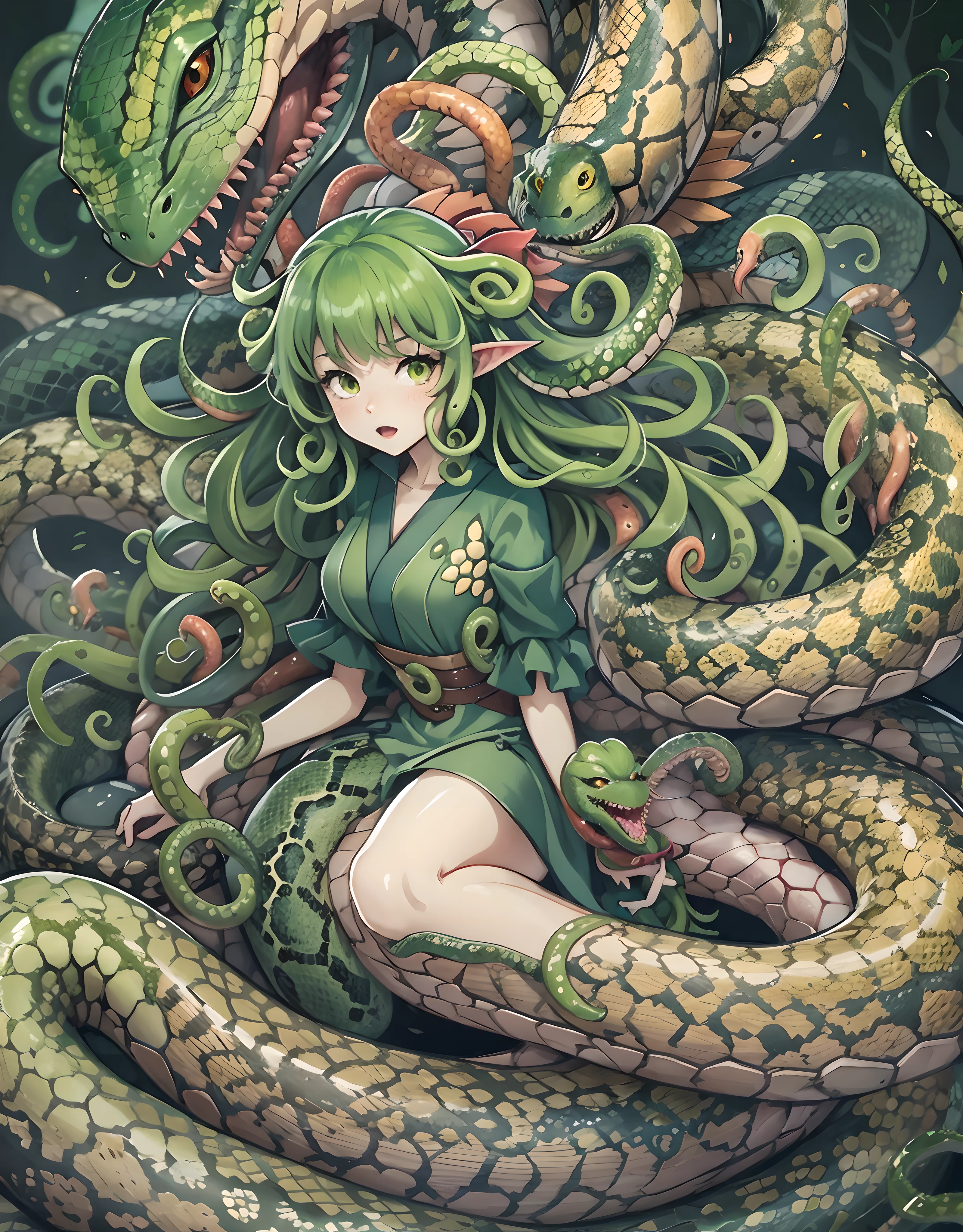 detailed snake skin、Cartoon photo of woman with green dress and green tail、anime monster girl、lamia、Hot reptiles、humanoid woman、tatsumaki with green curly hair、tentacle beasts、Polychaeteonster Girl、Snake Pose、Tentacle monsters、detaile。animesque。tentaculata