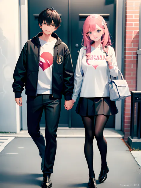 a couple， schools， casual couple outfits， doors， zaun， tmasterpiece， best quality at best， highly  detailed，full body photo