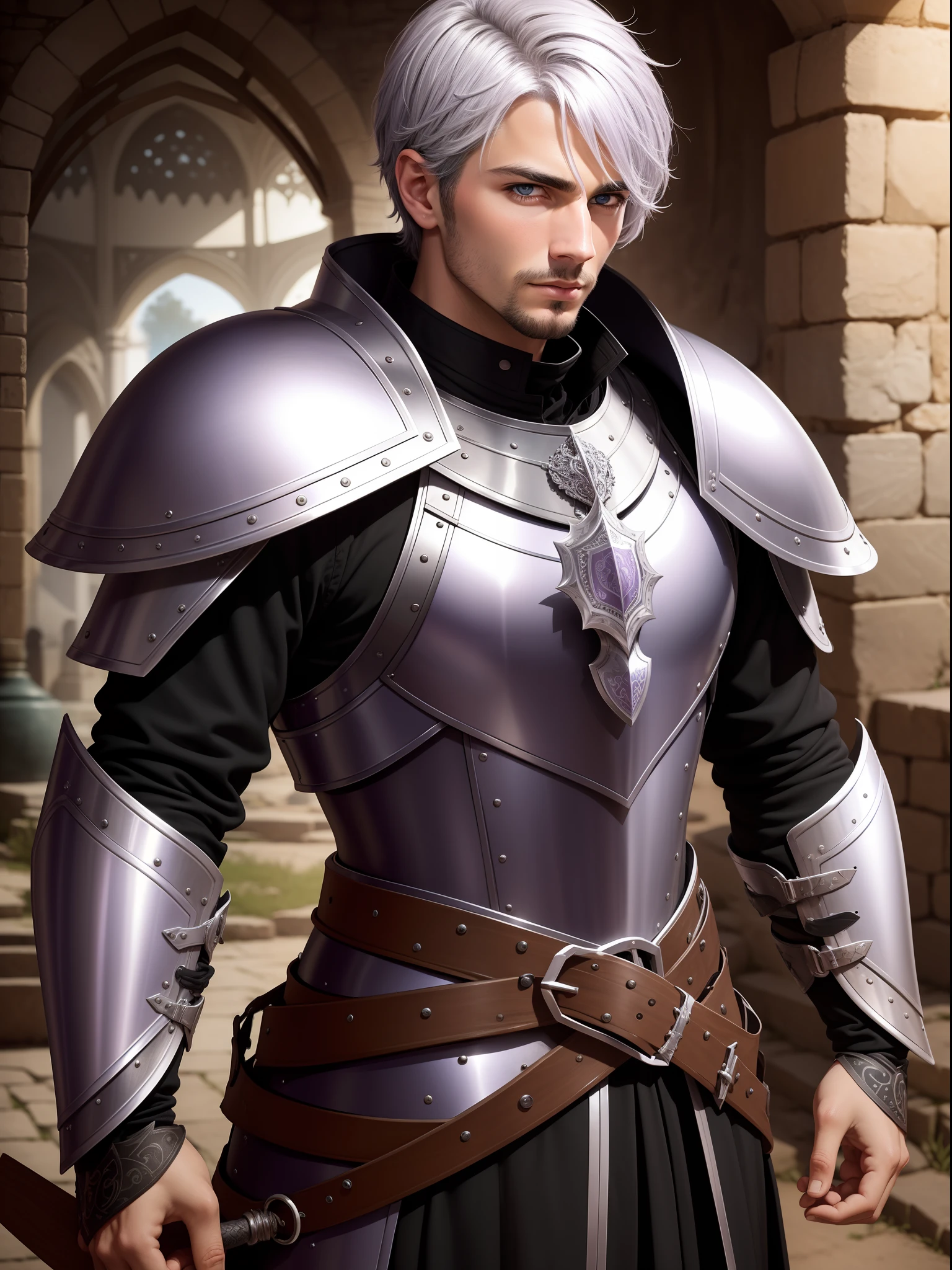 European medieval man with short silver hair，Light purple eyes，Black armor，jewelry，Handsome man，mtu，Drawing，Full-HD，Lots of detail，Meticulously drawn