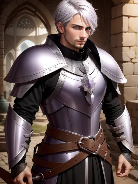 European medieval man with short silver hair，Light purple eyes，Black armor，jewelry，Handsome man，mtu，Drawing，Full-HD，Lots of deta...