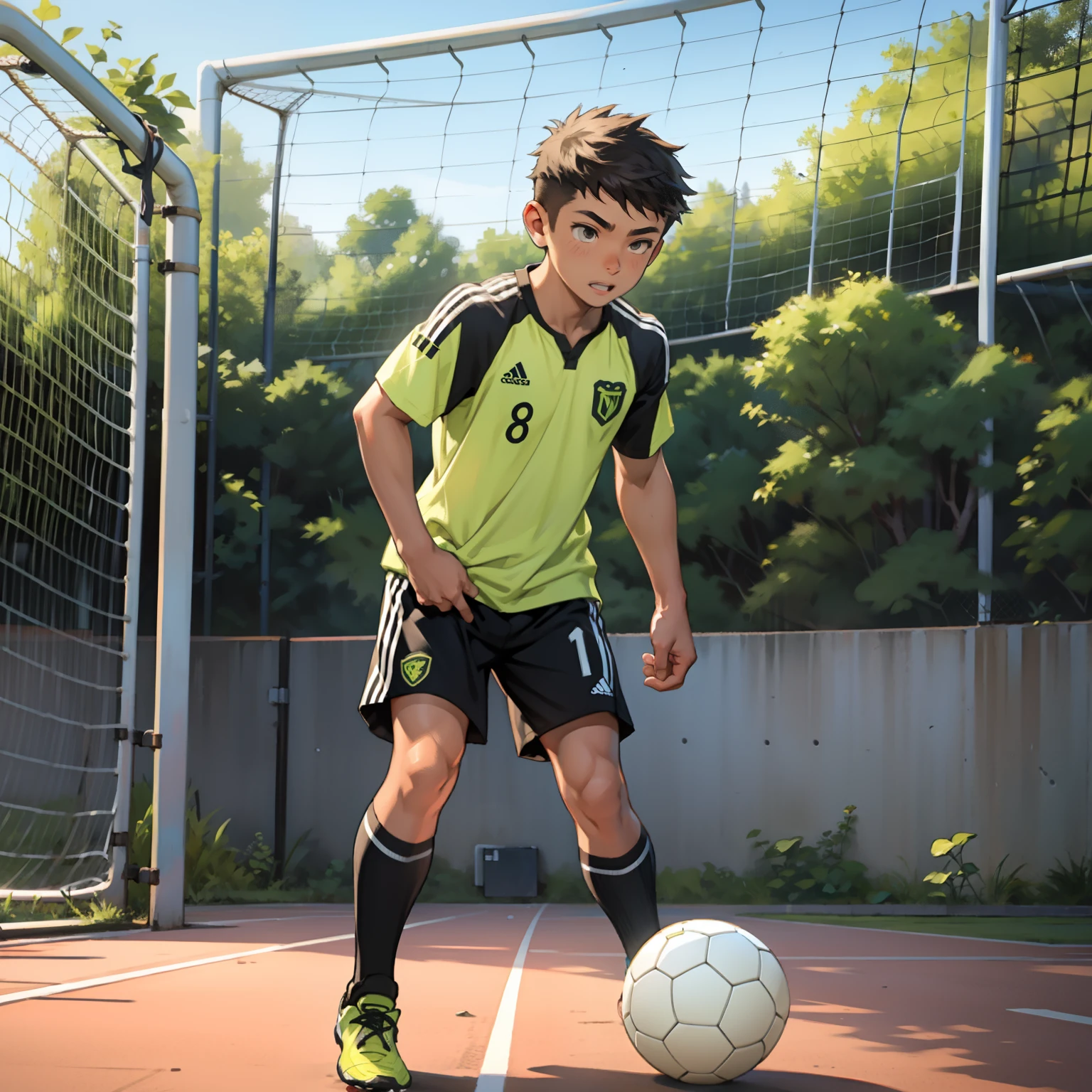 A boy is playing soccer，soccer court