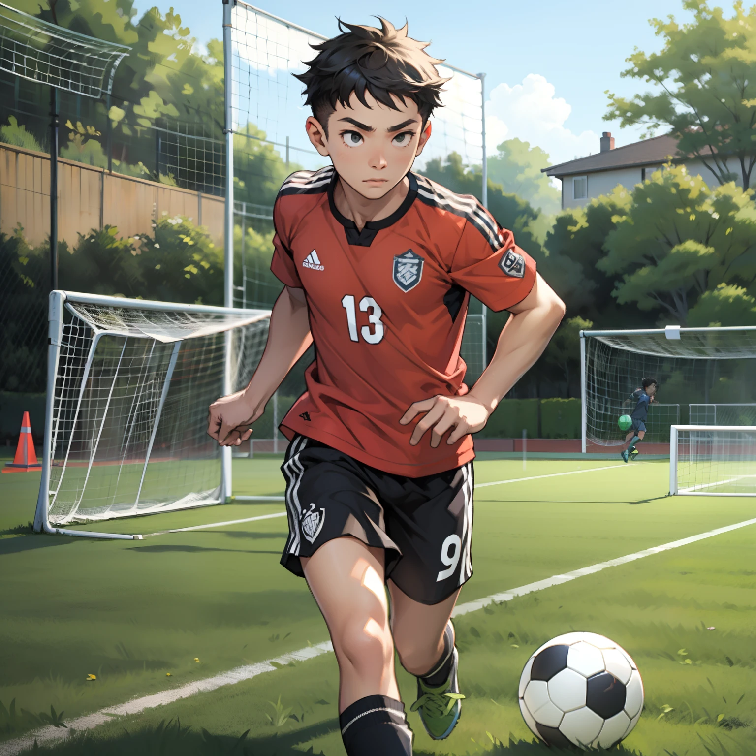Мальчик играет в футбол，футбольная площадка