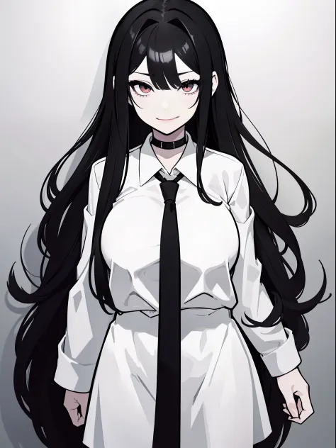anime girl with long black hair and a white shirt,((black and white portrait)),black and white picture,Smile,minimalist painting...