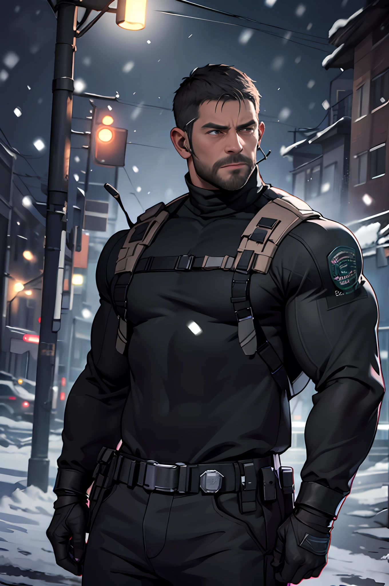 Dark gothic village in the background, old Chris Redfield from Resident Evil 8, 48 year old, muscular male, tall and hunk, biceps, abs, chest, all black cold turtleneck, long sleeves, black trousers, shoulder holster, earpiece, belt, thick beard, cold face, video games style, high resolution:1.2, best quality, masterpiece, dark nightime, dark atmosphere, winter, snowing, shadow, upper body shot