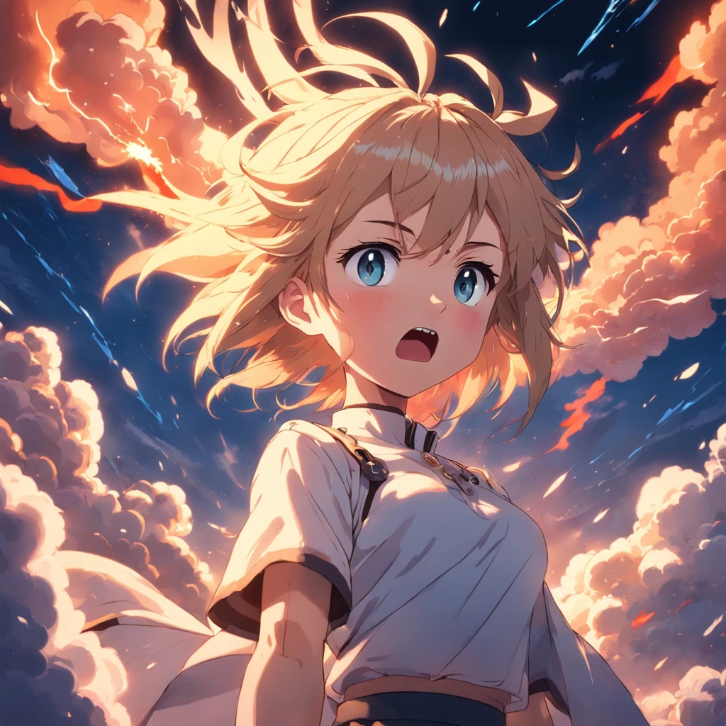 A woman with blonde hair and blue eyes stands in front of a cloudy sky -  SeaArt AI