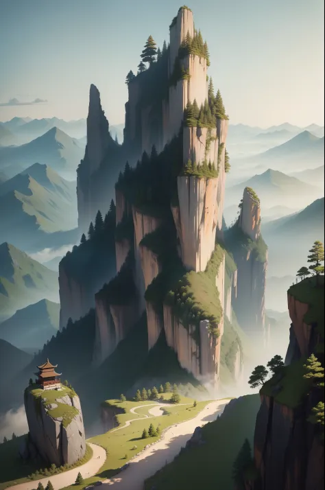 (Masterpiece, best quality: 1.2), traditional Chinese ink painting, high mountains, small hillsides, rocks, trees, no humans, cliffs